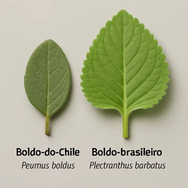 Comparação identificação plantas medicinais Boldo-do-Chile Peumus boldus folha rígida Boldo-brasileiro Plectranthus barbatus folha aveludada