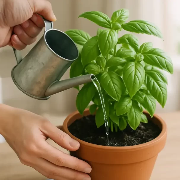 Regando planta medicinal manjericão vaso montar farmácia viva cuidados cultivo