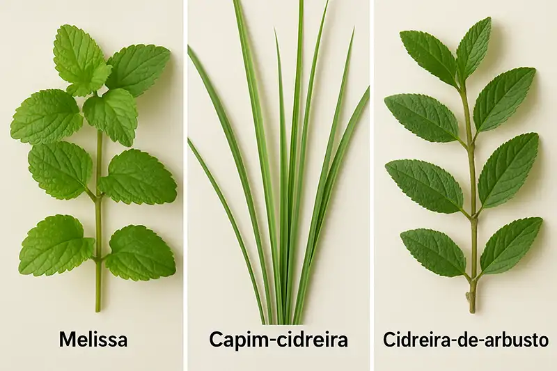 Comparação identificação plantas medicinais Erva-cidreira Melissa officinalis Capim-cidreira Cymbopogon citratus Cidreira-de-arbusto Lippia alba